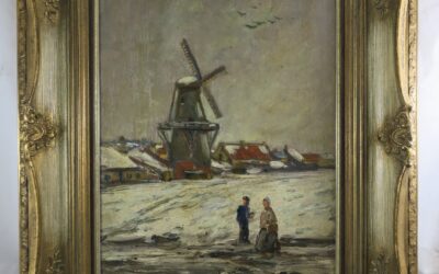 Liesegang Helmut 1858-1945 Gemälde Personen im Schnee vor Windmühle ~1910