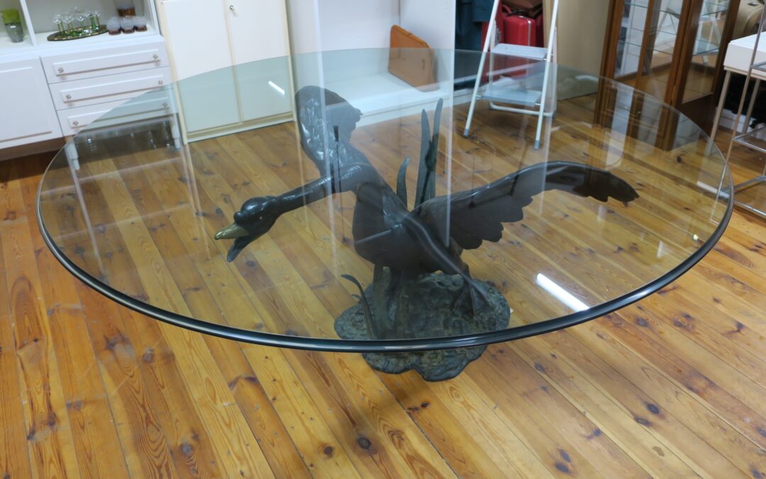 Monumentaler Design Tisch Glas Platte & Bronze Fuß „Schwan“ VVV Valenti Spanien
