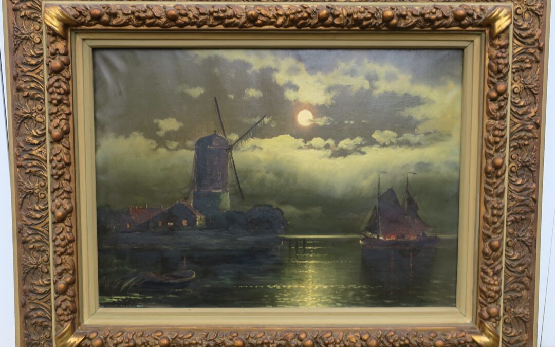 Bertold Carl *1870 Gemälde Hafen / Holland Windmühle Boote bei Nacht ~ 1900