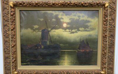 Bertold Carl *1870 Gemälde Hafen / Holland Windmühle Boote bei Nacht ~ 1900