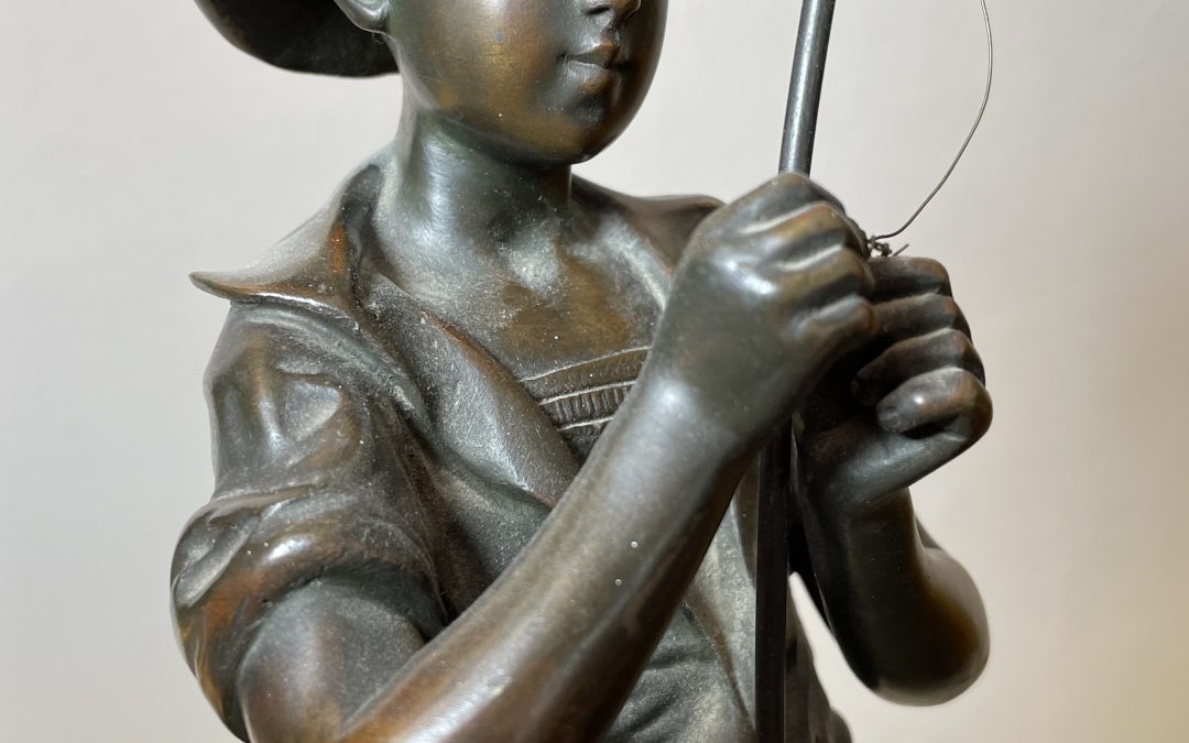 Adolphe Jean Lavergne Pêcheur Bronze Figur / Skulptur Junge mit Angel / Angelrute