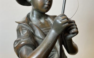 Adolphe Jean Lavergne Pêcheur Bronze Figur / Skulptur Junge mit Angel / Angelrute