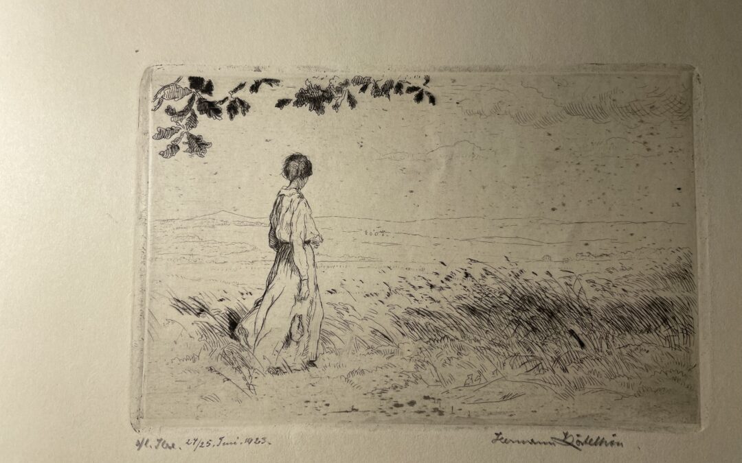 Hermann Kätelhön 1884-1940 Radierung Frau Mädchen auf Wiese 1923
