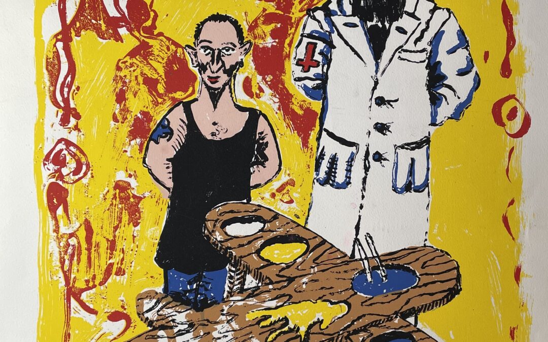 Jörg Immendorff 1945-2007 – Selbst mit Baselitz – Farbserigraphie 1998