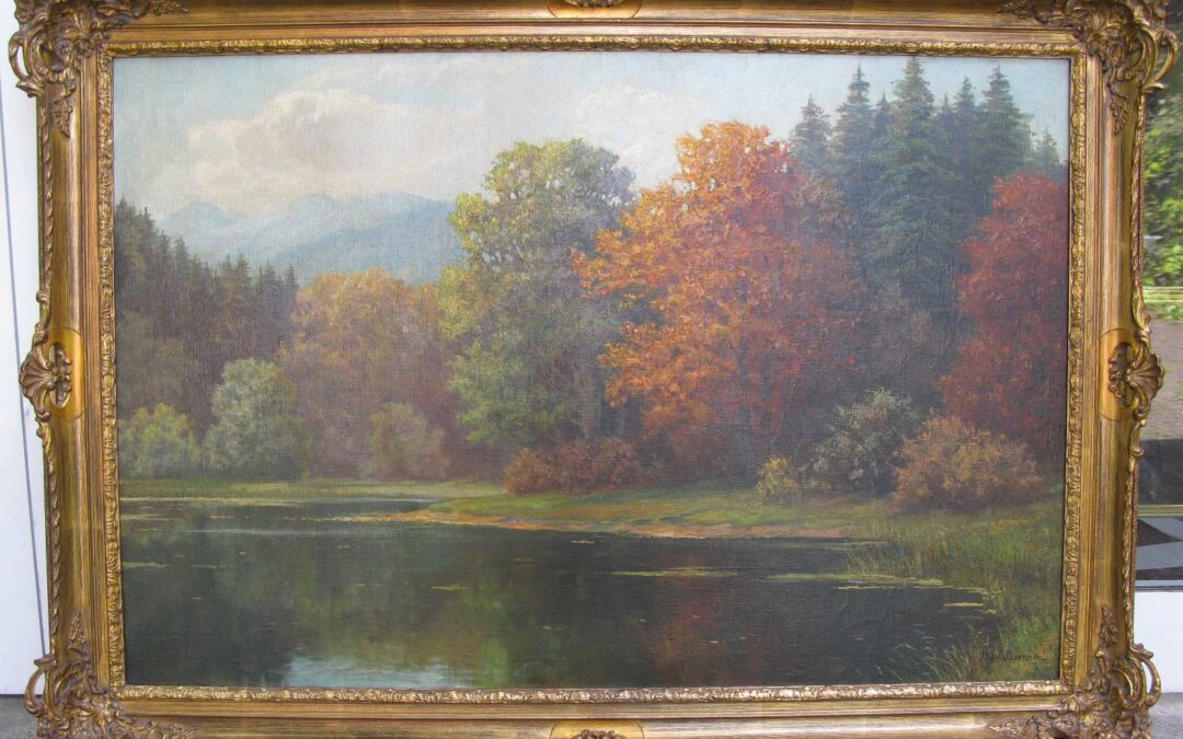 Sörensen, H.W. großes Gemälde Landschaft See Ufer mit Bäumen 1.Hälfte 20. Jh.