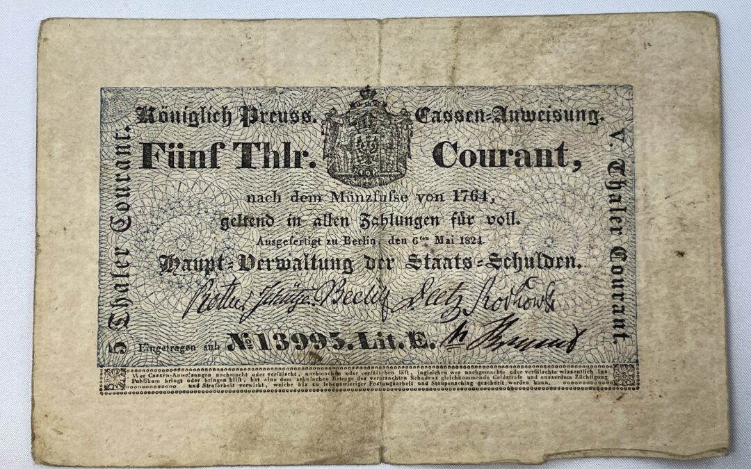 5 Thlr. / Thaler Courant 1824 Königlich Preuss. Cassen Anweisung
