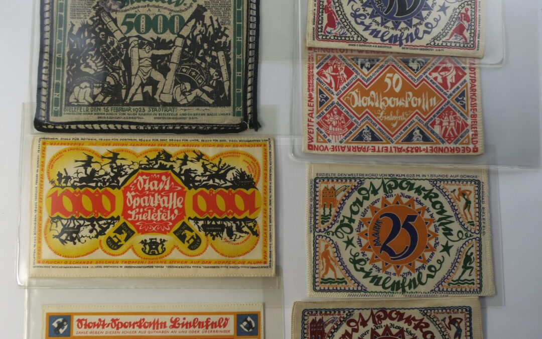 10x Stoffgeld Notgeld Stadtsparkasse Bielefeld 25 Mark bis 10000 Mark Konvolut