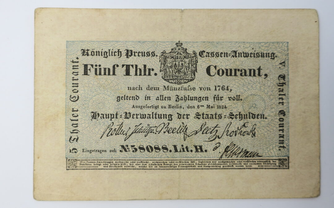5 Thlr. / Thaler Courant 1824 Königlich Preuss. Cassen Anweisung