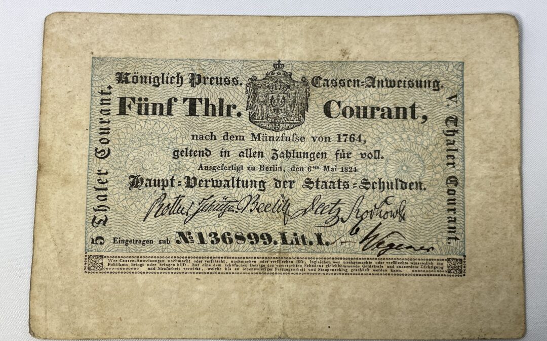 5 Thlr. / Thaler Courant 1824 Königlich Preuss. Cassen Anweisung