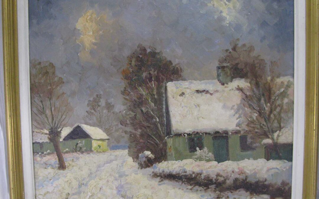 Finn Wennerwald 1896-1969 Gemälde Winter Landschaft Gehöft Bauernhof im Schnee