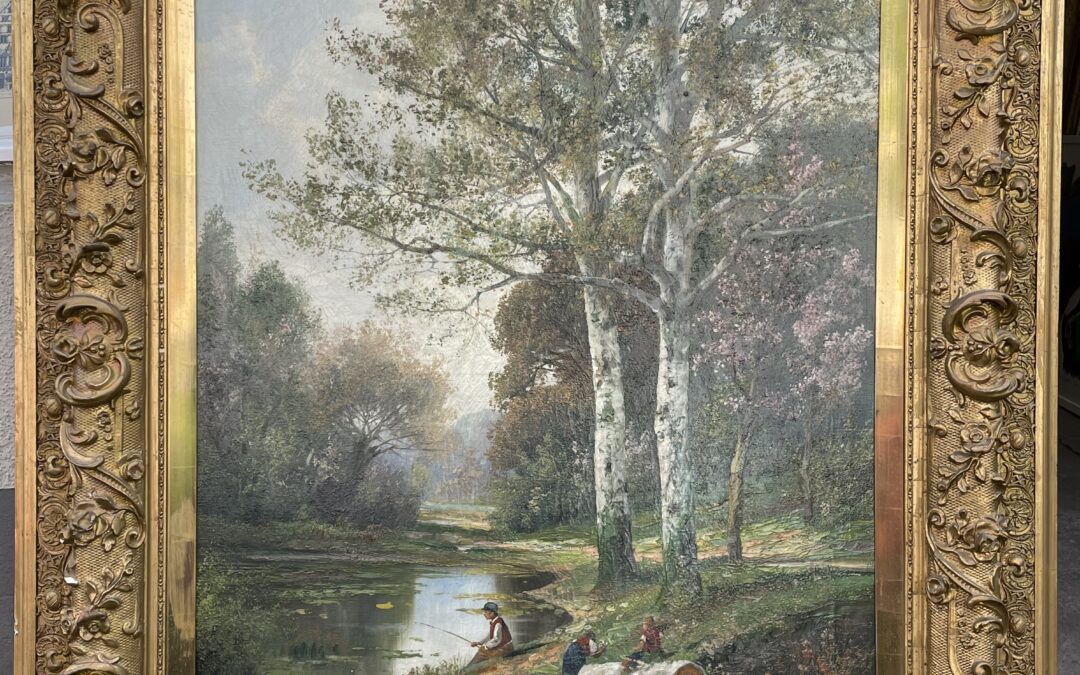 Arnegger Alois 1879-1963 Gemälde Bachlauf Angler Reisigsammlerin