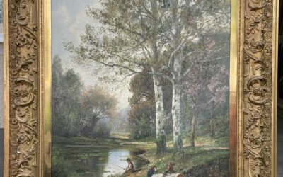 Arnegger Alois 1879-1963 Gemälde Bachlauf Angler Reisigsammlerin