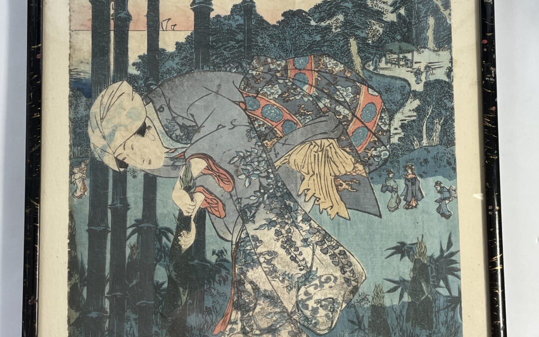 Alter Farbholzschnitt Holzschnitt Japan signiert 19.Jh. Frau sammelt Holz Bambus