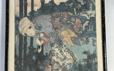 Alter Farbholzschnitt Holzschnitt Japan signiert 19.Jh. Frau sammelt Holz Bambus