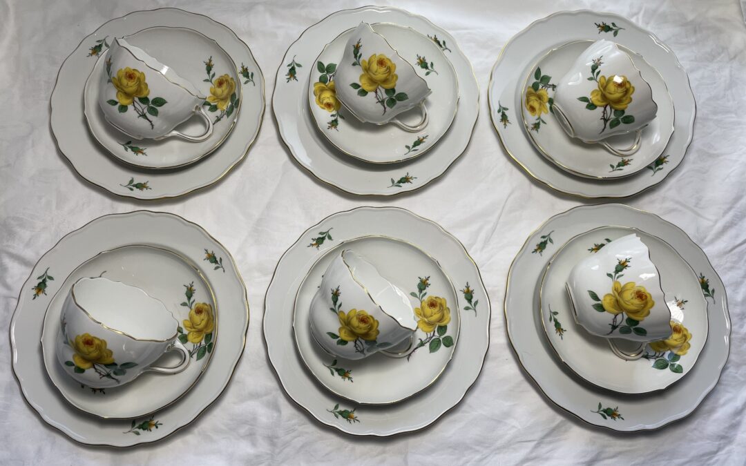 Meissen Porzellan Gelbe Rose 6x Gedeck Kaffeegedeck – Tasse Teller Untertasse