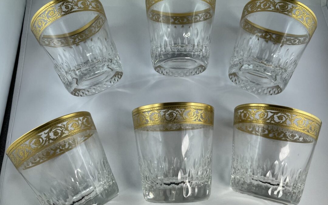 6x Gläser / Becher Whiskybecher Saint Louis Thistle Gold Frankreich Kristall