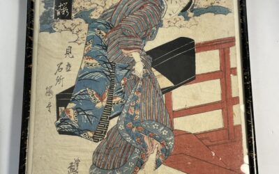 Alter Farbholzschnitt Holzschnitt Japan signiert 19. Jh. Geisha Frau vor Brücke
