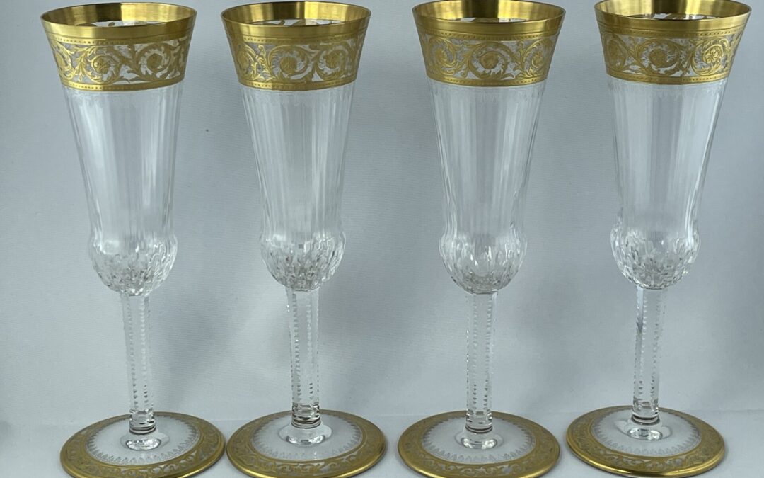 4x Gläser Sekt / Champagner Flöte Saint Louis Thistle Gold Frankreich Kristall