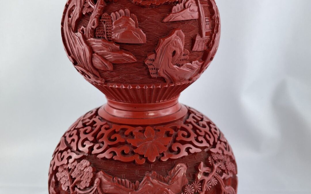 China Rotlack / Messing Doppel-Kürbis Vase Höhe 21 cm, ~ 500 Gramm