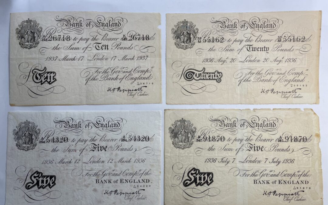 4x alte Englische Banknote Bank of England 1936 /1937 Five Ten Twenty Pounds