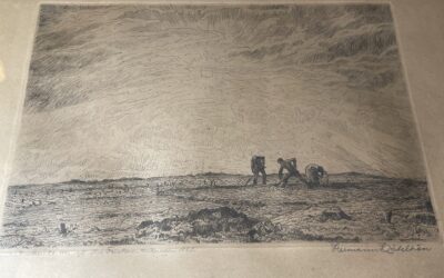 Hermann Kätelhön Radierung 1923 Auf dem Feld Feldarbeiter Sonne