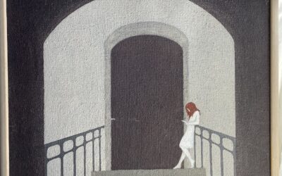 Irene Müller *1941 Gemälde Frau / Mädchen auf einer Treppe vor Tür 1980