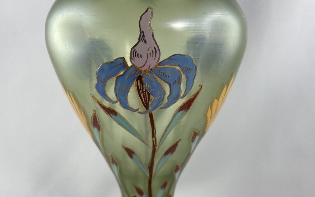 Jugendstil Glas Vase – Emailmalerei bunte Blumen Gold 471/h Fritz Heckert ?