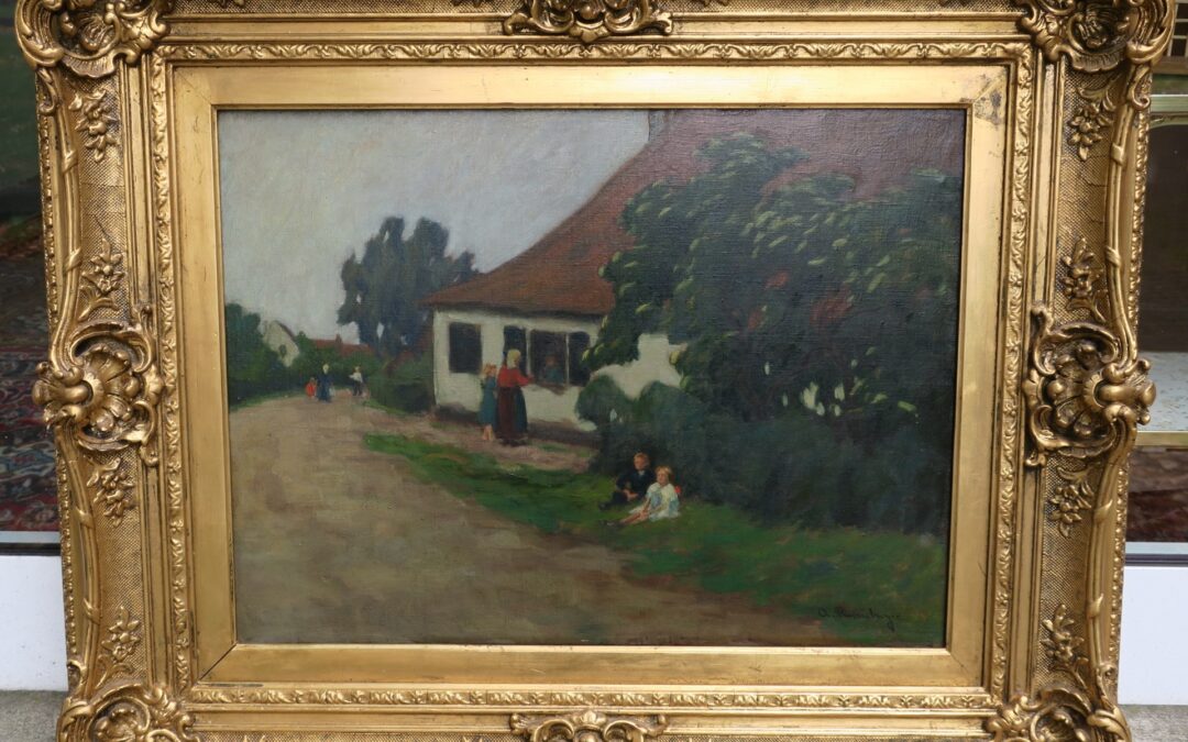 Rasenberger Alfred 1885-1949 Gemälde Haus / Bauernkate & Weg mit Personen