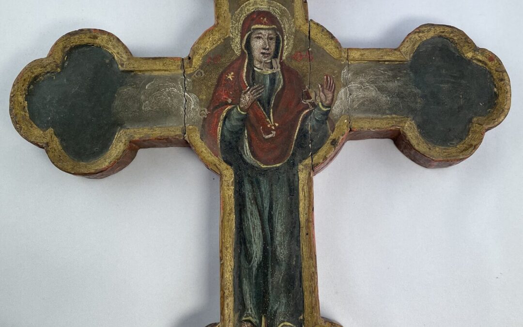 Vortragekreuz / Kreuz 17./18.Jh Christus am Kreuz / Muttergottes auf Weltkugel