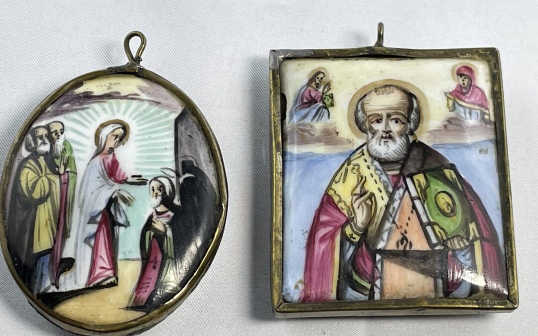 Russland 2x Finift Ikone 19. Jh. Nikolaus v. Myra Gottesmutter Sergius Radonesh