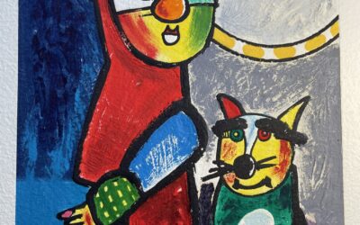 Otmar Alt *1940 Grafik / Carborundum Person / Clown ? mit Katze 90/150