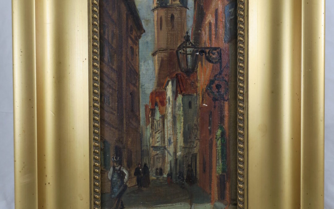 Viktor de Ruyter * 1870 Gemälde Stadt / Straßen Szene mit Kirchturm & Personen