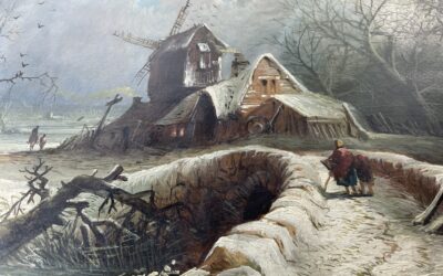 Gemälde Winterlandschaft Windmühle Haus Personen Niederlande / Holland 19. Jh.