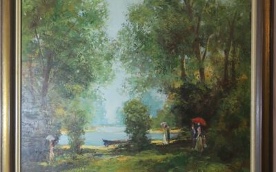 Thelen Wilhelm 1917-1985 Gemälde Park Landschaft mit Personen Bäume Teich / See