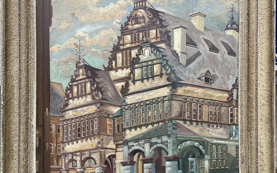 Gemälde Paderborn Paderborner Rathaus mit Personen Signiert