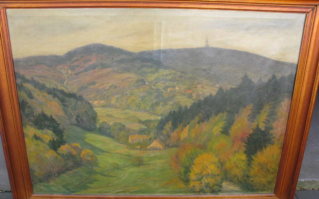 Miesler Ernst 1879-1930 Großes Gemälde Landschaft Gehöft / Blick Hermannsdenkmal