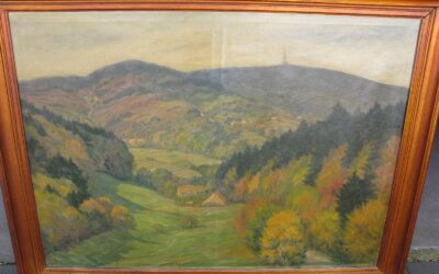 Miesler Ernst 1879-1930 Großes Gemälde Landschaft Gehöft / Blick Hermannsdenkmal