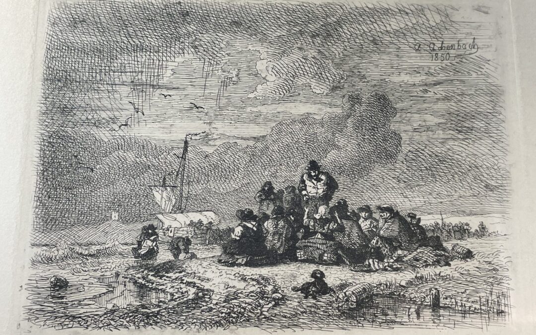 Andreas Achenbach 1815-1910 Radierung Uferszene Matrosen am Strand 1850
