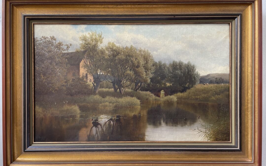 CH Headle Gemälde Landschaft mit Gewässer & Bäumen vor Haus 1867 ? England ?
