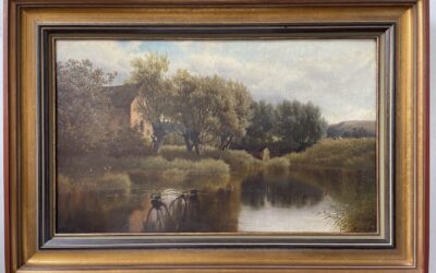 CH Headle Gemälde Landschaft mit Gewässer & Bäumen vor Haus 1867 ? England ?