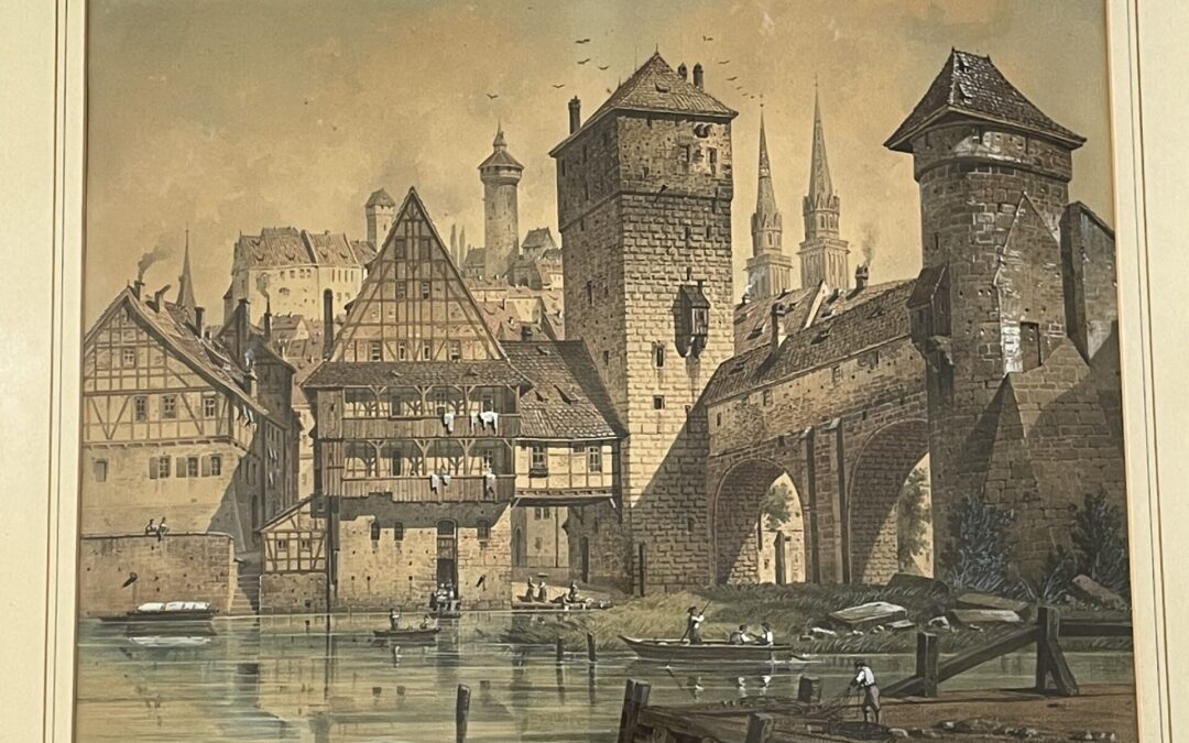 Wasserturm / Henkersteg in Nürnberg datiert 1866 Gemälde Mischtechnik signiert
