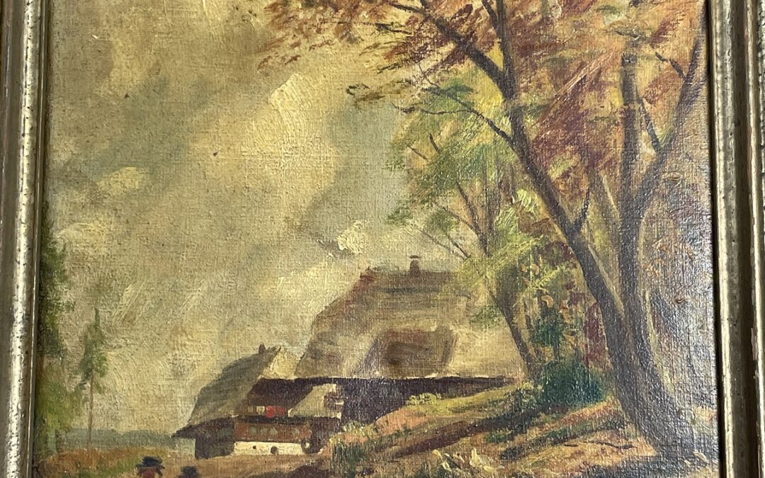 Carl Wilhelm Zimmer 1853-1937 Gemälde Schwarzwald Häuser Frauen in Tracht 1930