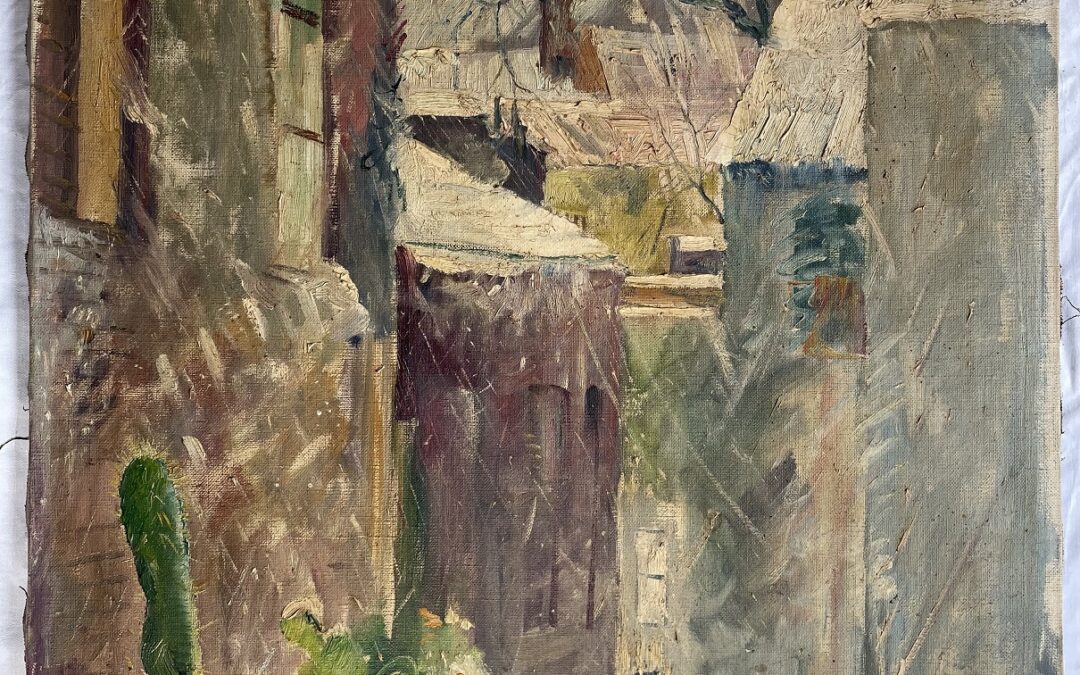 Hergarden Bernhard 1880-1966 Gemälde Stadtszene Häuser im Winter mit Kakteen