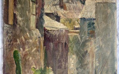Hergarden Bernhard 1880-1966 Gemälde Stadtszene Häuser im Winter mit Kakteen