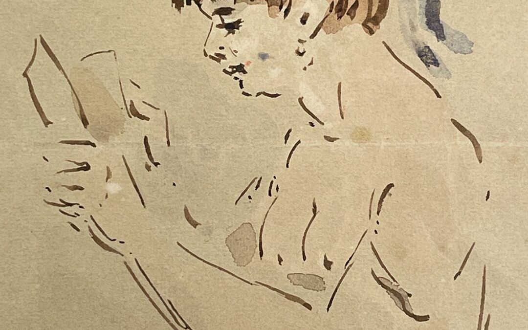 Alexandre Dupendant 1833-1884 Aquarell Frau Mädchen mit Buch Teil Akt Frankreich