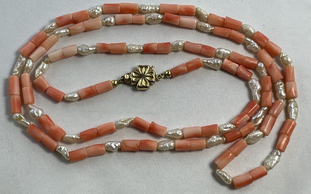 Vintage Halskette Koralle & Barock Perlen 333 Gold Kleeblatt Kette – GRO