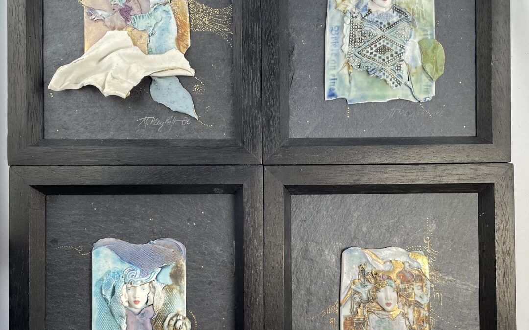 4x Porzellan / Schiefer Wandbild Relief Monika Ploghöft 1946 Bremen / Wangerooge