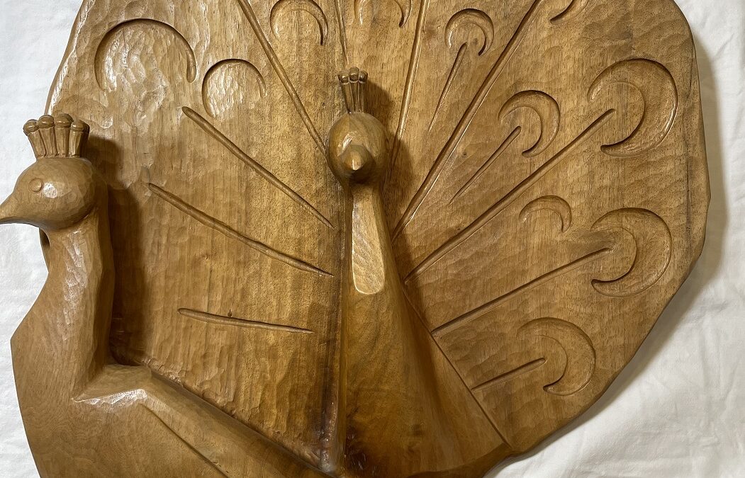 Pfau / Pfauenpaar Relief Wandbild Nussbaum Holz Schnitzerei