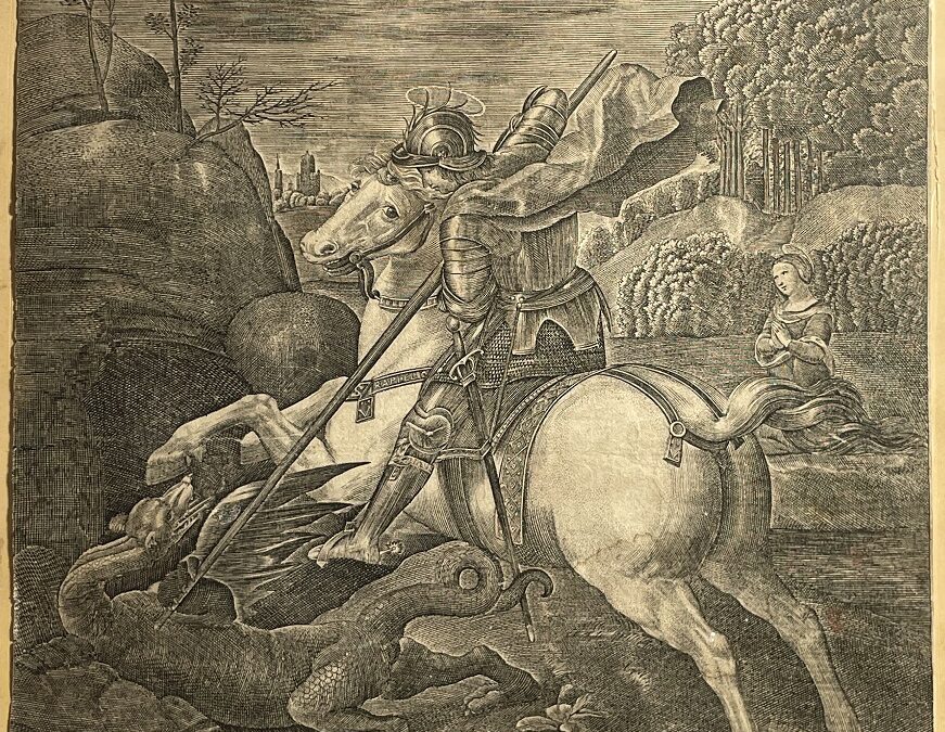 Kupferstich 16./17. Jh. Heiliger Georg – S. Georgius / Raphelio nach Raphael