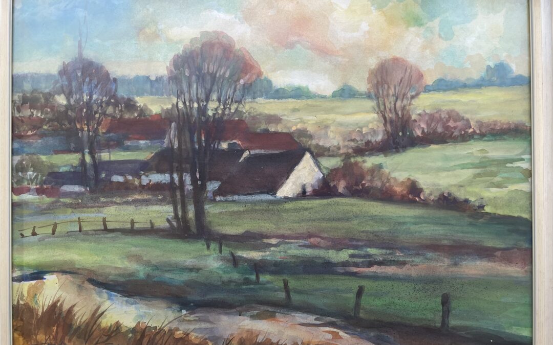 Dominicus Josef 1885 – 1973 Aquarell Herbstabend Dorf Häuser bei Paderborn ?